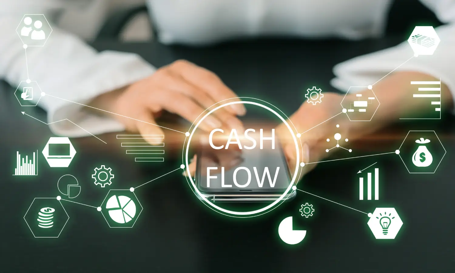 Businesswoman with mobile phone in office. concept of cash flow